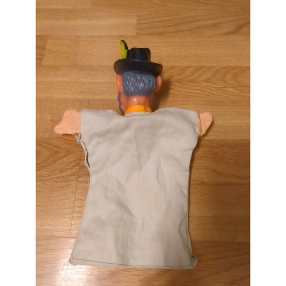 Fairytale Hand Puppet Man Black Hat Feather Plaid Tie Gray Beard Mustache - Picture 2 of 7